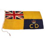 A CD Civil Defence linen flag / ensign. Marked on the header: LONDON 1955. 5' X 3'. ENSIGN. Size