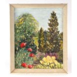 20th century British school - Flowering Summer Garden - oil on board, framed, 40 by 51cms.