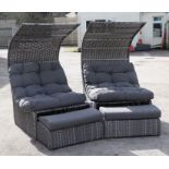 A pair of Rehau All Weather Weave canopied garden chairs with matching footstools and cushions (2).