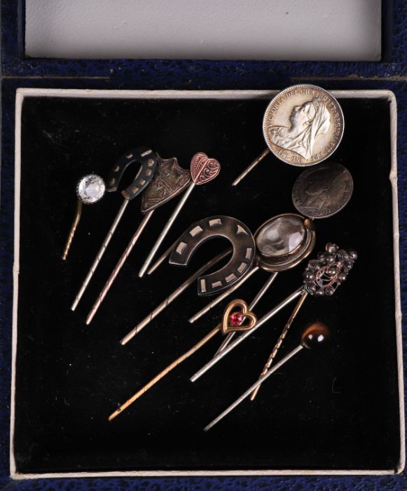 A quantity of Victorian and later stock pins; together with other Victorian and later jewellery to