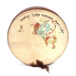 An Irish Bodhran drum decorated with a Celtic design, 47cms diameter.