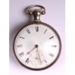 A George III silver cased open faced pocket watch, the white enamel dial with Roman numerals and