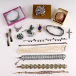 A Victorian style 925 silver heart shaped scent bottle, silver bracelets, a cameo brooch and other