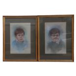 Anne Trew (modern British) - a pair of portraits of two brothers, signed lower right, pastels, 33 by