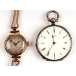 A ladies 9ct gold cased wristwatch; together with a silver cased open faced pocket watch (2).