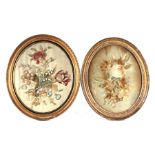 A Victorian oval silkwork depicting a spray of flowers, 27 by 32cms; together with another