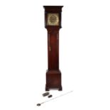 An oak cased longcase clock, the 30cms square brass dial with silvered chapter ring, Roman and