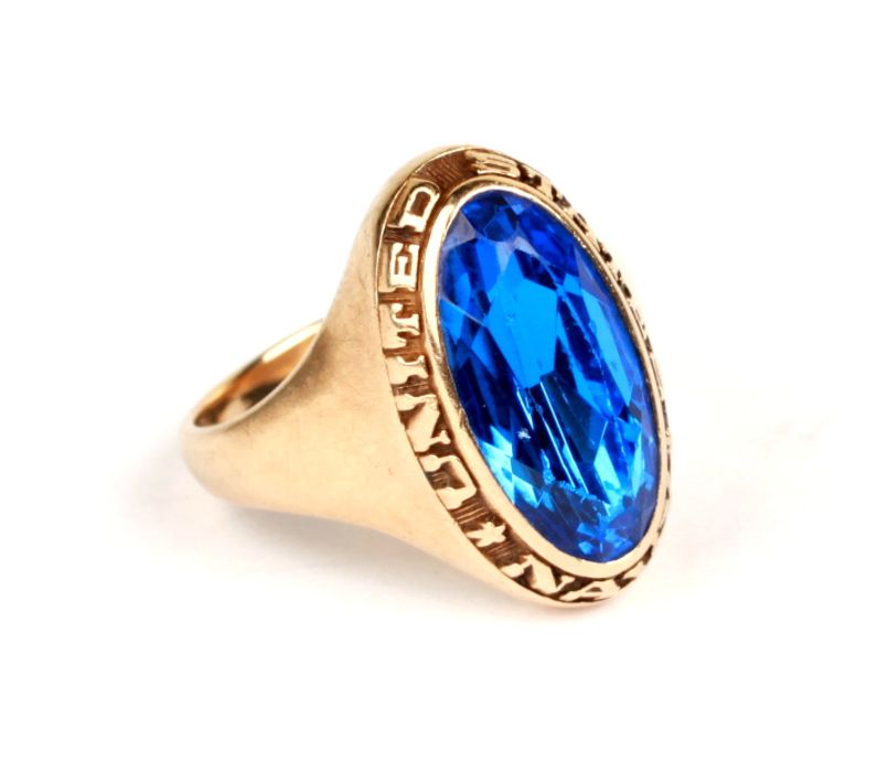 Naval interest: A 10ct gold United States Naval blue stone ring, approx UK size 'O', 8g. - Image 2 of 2