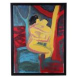 20th century modern British - An Embracing Couple - abstract, acrylic on canvas, 60 by 80cms,