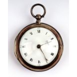 A George III silver pair cased open faced pocket watch, the white enamel dial with Roman numerals,