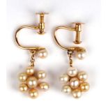 A pair of 15ct gold screw-back pearl cluster drop earrings, 2.4g.