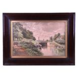 Late 19th century British school - Canal Scene with a Lock, Narrowboat and Horse on the Towpath -