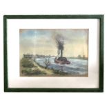 W Frankey (?) - River Scene with a Tug Boat - pastel, signed lower right, 21 by 17cms, framed &