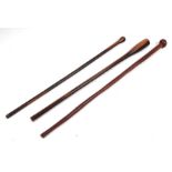 Three African hardwood walking sticks (possibly lignum vitae), the largest 92cms long (3).