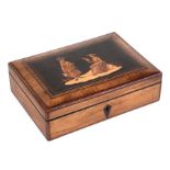 A Sorrento ware jewellery box, the top inlaid with peasants, 19cms wide.