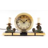A French Art Deco marble mantle clock, 45cms wide.Condition ReportModern battery movement.