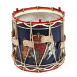 A military marching drum decorated with the Royal Coat of Arms, 37cms diameter.