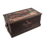 A painted pine blanket box, the top decorated a coaching scene. 107cm wide