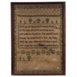 A 19th century sampler with alphabet, flowers, birds and verse, framed & glazed, 32 by 45cms.