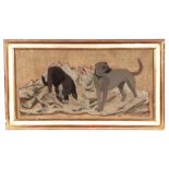A 19th century embroidered feltwork depicting two dogs standing in a stream, framed & glazed, 46