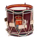 A military marching drum decorated with the Royal Coat of Arms, 37cms diameter.