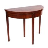 A Georgian style mahogany D-end fold-over card table on square tapering legs, 92cms wide.