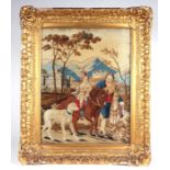 A 19th century needlework picture depicting a young boy riding a horse with companion gentleman