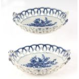 A pair of Worcester First Period blue & white pierced two-handled dishes decorated with flowers,
