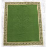 An Arts & Crafts green baize tablecloth within a brocaded border, 160 by 200cms; together with linen