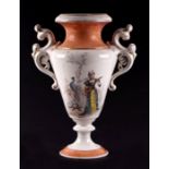 A KPM porcelain twin scroll handled vase decorated with a classical lady playing a lute and