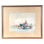 Jaques (20th century continental) - Boats in a Harbour - signed lower right, watercolour, framed &