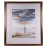 M Harvey (modern British) - Estuary Scene with Fishing Boat - watercolour, 40 by 50cms, framed &