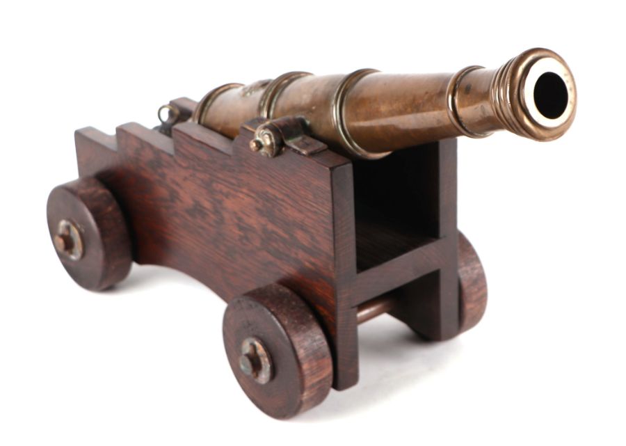 A 19th century bronze signal cannon, 44cms long, on a later wooden carriage. - Image 3 of 3