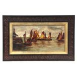 19th century school - Fishing Boats Setting Off - oil on canvas, framed, 28 by 14cms.