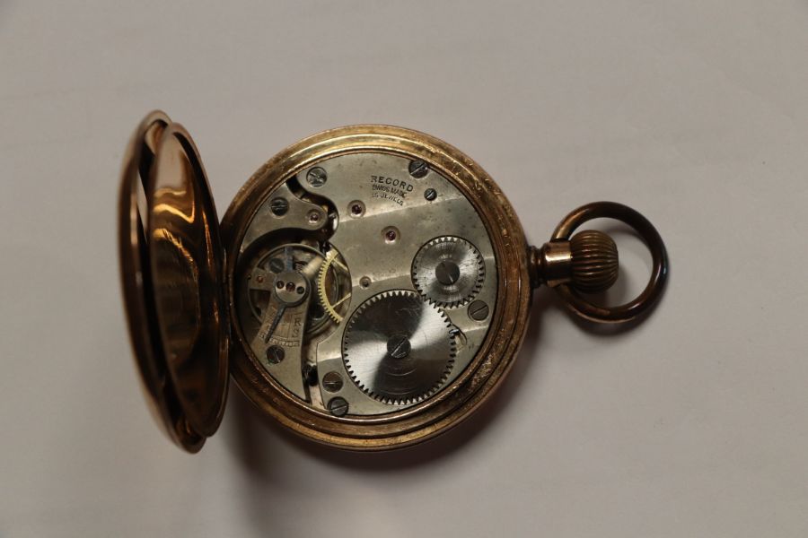 A gold plated full hunter pocket watch, the white enamel dial with Arabic numerals and subsidiary - Bild 4 aus 6