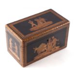 A 19th century Sorrento ware tea caddy, the panels with inlaid figural decoration, the cover opening