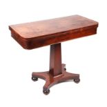 A 19th century mahogany card table, the crossbanded rectangular top on square tapering column and