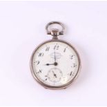 A Longines silver cased open faced pocket watch with yellow metal overlay, the white enamel dial