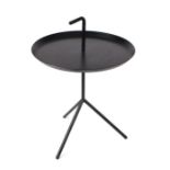 A mid century modern inspired circular metal side table on a triform base, 48cms diameter.