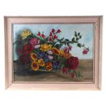 Barbara Robinson (20th century British) - Garden Flowers - signed lower right, oil on board, framed,