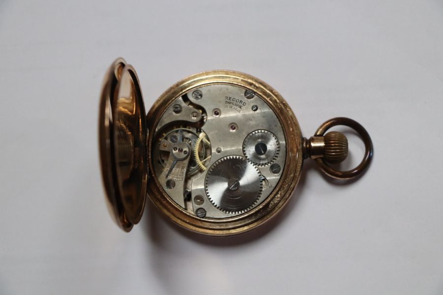 A gold plated full hunter pocket watch, the white enamel dial with Arabic numerals and subsidiary - Bild 5 aus 6