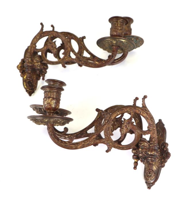 A pair of 19th century French L. Pinet gilt metal twin-arm piano sconces decorated with green man - Image 3 of 3