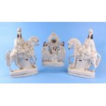 A pair of Staffordshire pottery flatback figures; together with a similar pocket watch stand, the