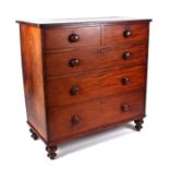 A Victorian mahogany chest of two short and three graduated long drawers, on turned legs, 107cms