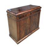 A continental figured mahogany side cabinet with single frieze drawer and cupboards beneath, on a