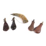 A group of 19th century powder and shot flasks to include copper, leather and horn examples, the