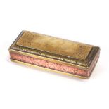 An 18th century Dutch brass and copper tobacco box of rectangular form with engraved decoration,