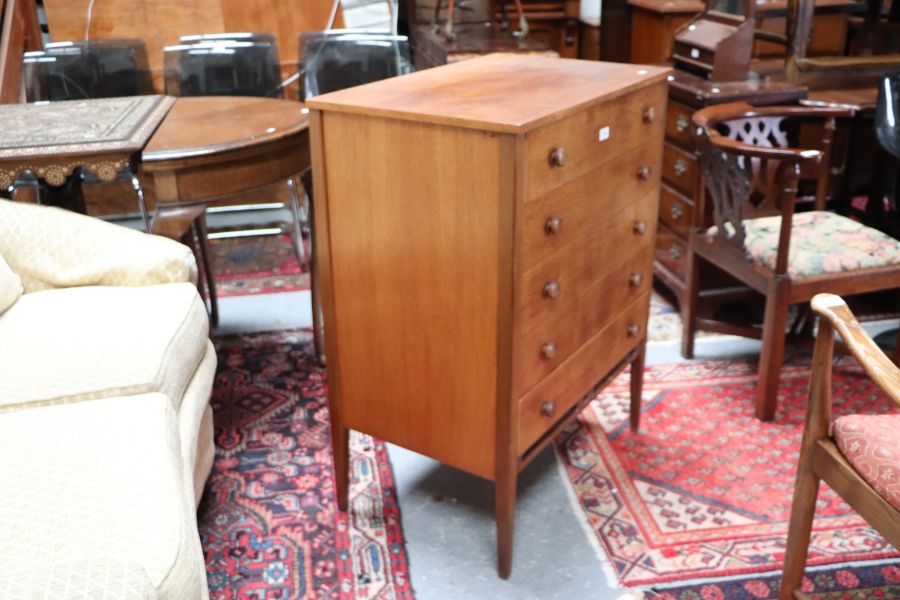 A mid 20th century teak chest in the manner of Heal's with an arrangement of five long drawers, on - Image 6 of 7