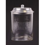 A vintage Meredith & Drew's counter top advertising glass and aluminium biscuit barrel, 15cms