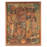 M D Ganocra (Balinese school) - Market Scene Tebesaya Ubud - oil on canvas, signed and dated '69